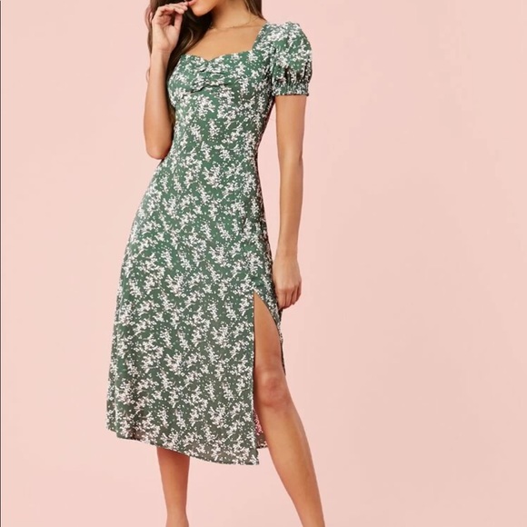 Puff Sleeve Ruched Front Split Dress - Picture 1 of 3